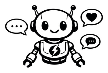 Fototapeta premium Sociable robot character providing artificial intelligence assistance, engaging with users through dialogue, text, and heart emojis