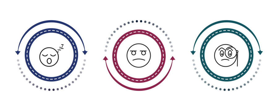 outline emoji icons set - sleep emoji, suspicious emoji, monocle editable vector for web and mobile ui