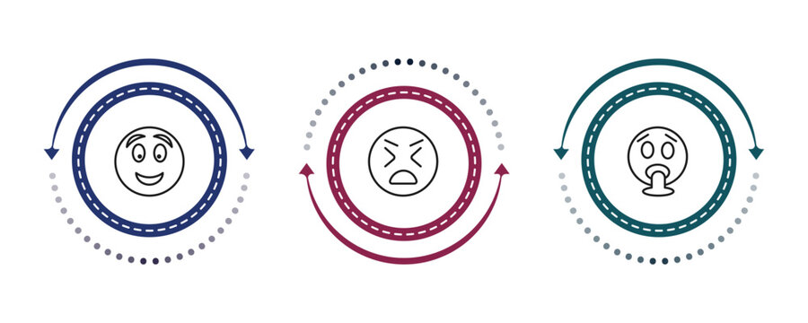 outline emoji icons set - excited emoji, stress emoji, vomit editable vector for web and mobile ui
