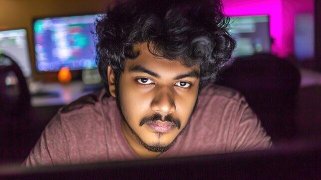 coder. A focused programmer in casual attire against a blurred, tech-inspired environment. product launch decks, UI/UX mockups, designed for product launches and innovation pitches.