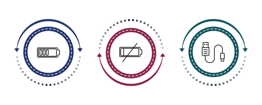 outline electronic stuff fill icons set - half battery, low battery, usb cable. editable vector for web and mobile ui