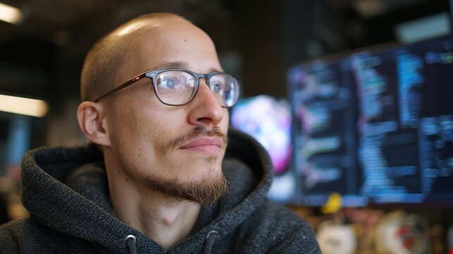 coder. A focused programmer in casual attire against a blurred, tech-inspired environment. product launch decks, UI/UX mockups, designed for product launches and innovation pitches.