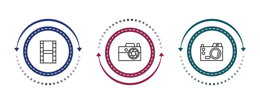 outline electronic stuff fill icons set - film roll, compact camera, digital camera. editable vector for web and mobile ui