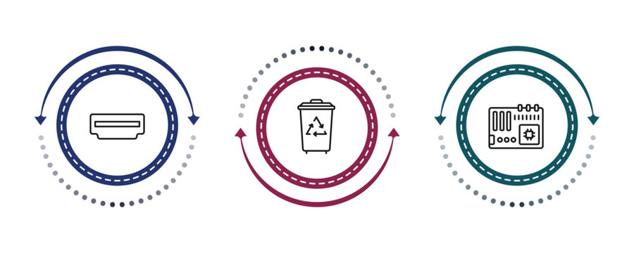 outline electronic devices icons set - hdmi, trash compactor, motherboard. editable vector for web and mobile ui