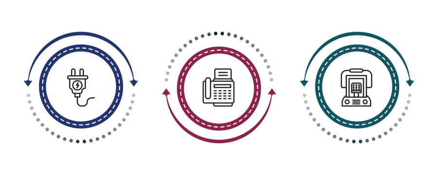 outline electronic devices icons set - plug, fax hine, heater. editable vector for web and mobile ui