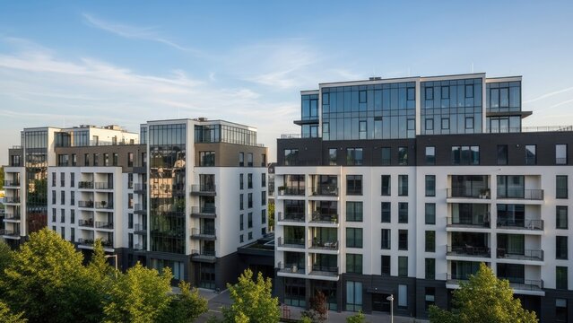 Modern residential apartment buildings in urban setting at dusk