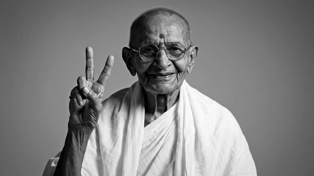 Senior Indian man in traditional white robe making peace gesture