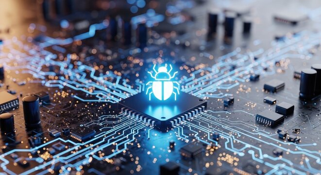 A digital rendering showcases a prominent bug icon glowing blue, superimposed on a complex circuit board.