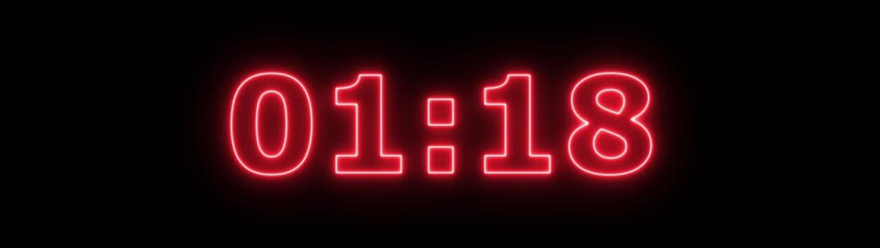 Neon 1 minute 25 second countdown animation from 85 seconds to 0 seconds on a transparent background, Neon One minute 25 second countdown timer with alpha channel 