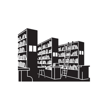 Elegant vector silhouette of modern library and archive building with bookshelves