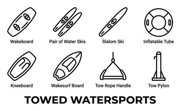 Collection of icons for towed water sports like wakeboard skis and inflatable tube fun.