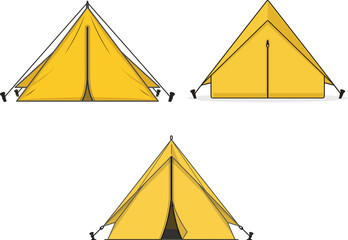 Set of three bright yellow camping tents isolated on a plain white background flat style vector illustration © MDRONI