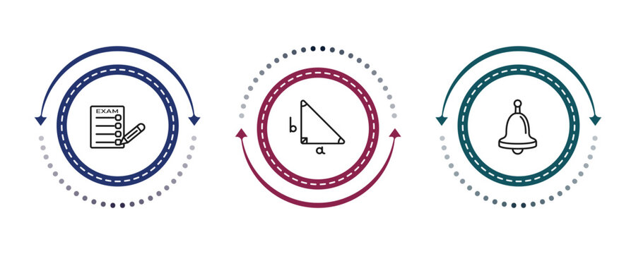 outline education icons set - exams, right triangle, school bell. editable vector for web and mobile ui