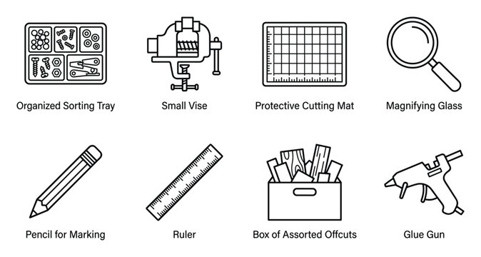 Craft and hobby tools icons set for DIY projects, including vise, cutting mat, glue gun, ruler and magnifying glass.