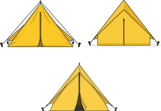 Set of three bright yellow camping tents isolated on a plain white background flat style vector illustration