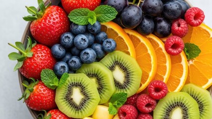 Obraz premium Fresh mixed berries and sliced kiwi fruit on white background
