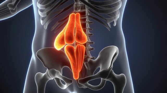 Animated human spine anatomy, focusing on the highlighted lumbar vertebrae with glowing orange focus, depicting skeletal structure and medical visualization