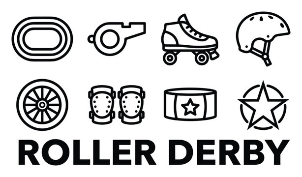 Roller derby equipment and elements including track skates helmet pads whistle and wheel.