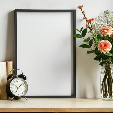 Vertical black poster frame mockup on a light wooden table next to a vintage black alarm clock and fresh flowers in a glass vase, elegant Scandinavian home interior decor style.