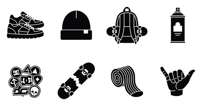 Skate apparel and accessories set in black and white outlined and filled vector illustration.
