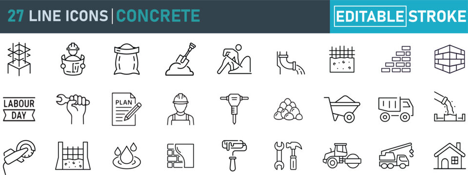  Concrete Line Icons Set. Contains icons Cement Work, Builder Tools, Engineering Equipment,Construction Site and more .Editable Stroke .Vector Collection.