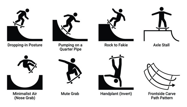 Skateboarder performing tricks and maneuvers on ramps and obstacles in a skatepark, dynamic action sports.
