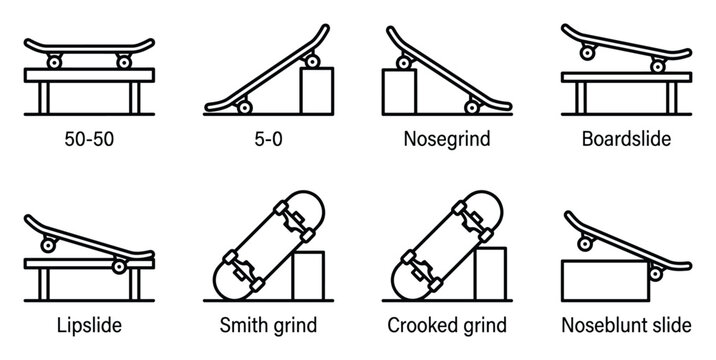 Skateboarder performing various grind tricks on obstacles such as tables rails and ledges, showcasing skill.