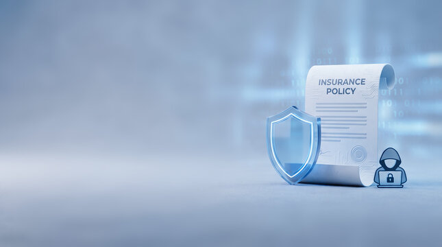 Cyber insurance policy with digital shield and hacker icon, cybersecurity protection, data breach coverage, ransomware risk and business privacy concept