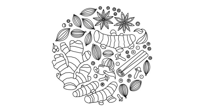 A black and white illustration of various spices.