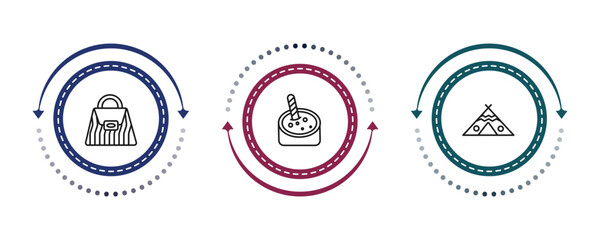 outline culture icons set - crocodile leather bag, crema catalana, native american wigwam. editable vector for web and mobile ui © IconArt