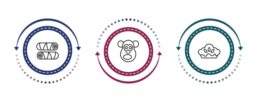 outline culture icons set - egg roll, chimp face of brazil, meat pie. editable vector for web and mobile ui