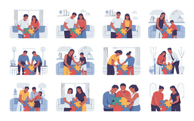 Fototapeta premium A family working together on a puzzle at home.