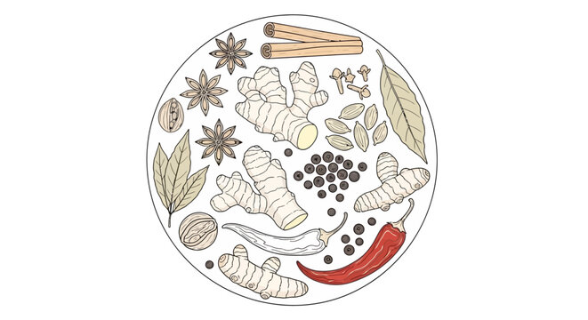 A plate of various spices and herbs.