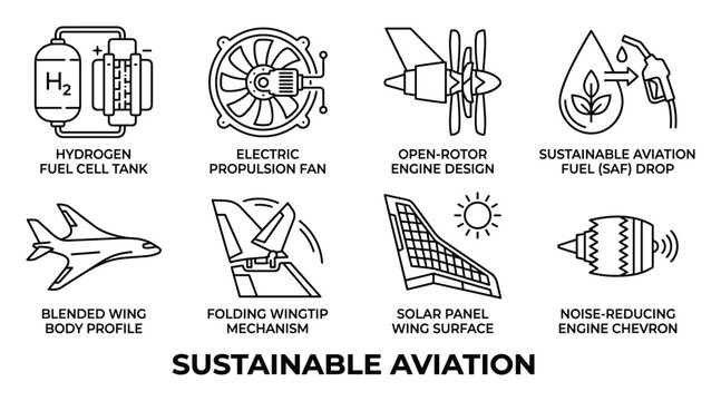 Sustainable aviation technology set with airplane fuel and engine icons on white background.