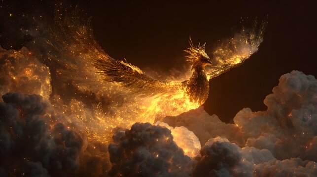 Majestic golden phoenix rising from dark clouds, a symbol of rebirth and transformation in a mystical atmosphere
