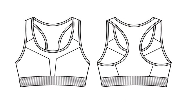 Technical Flat Vector Sports Bra Template Racerback Silhouette Wide Underbust Band CAD Drawing No Color