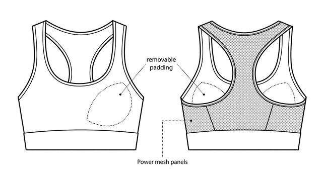 Professional Sports Bra Tech Pack Vector Racerback Front Back Mesh Panel Removable Padding Activewear Template