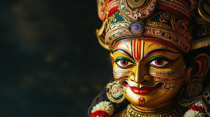 Fototapeta premium kathakali. A detailed Kathakali costume and mask displayed on dark velvet fabric. event programs, museum guides, designed for cultural heritage projects and event programs, preserves heritage.
