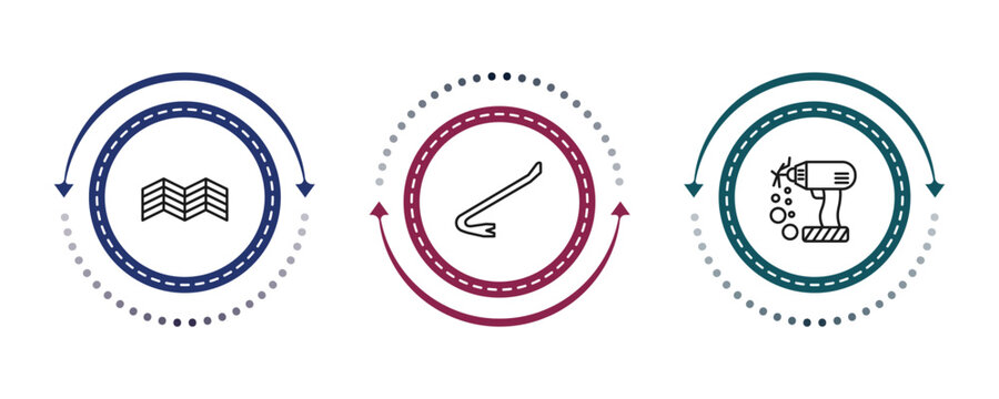 outline construction icons set - parquet, crowbar, electric drill. editable vector for web and mobile ui