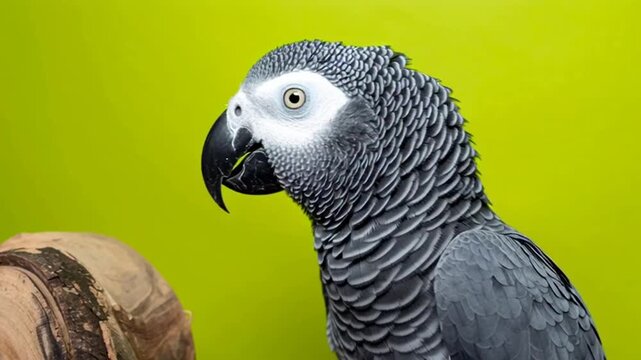 African Grey Parrot with an open beak looks curiously at a wooden log on a vibrant green background.