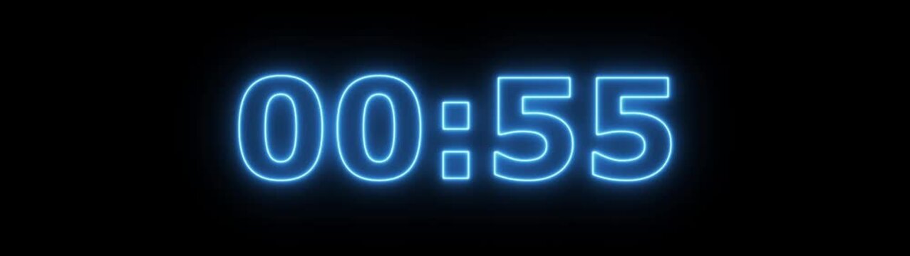 Glowing neon colorful 1 minute countdown animation from 60 seconds to 0 seconds. 1 minute countdown timer on a black background. 4k video 