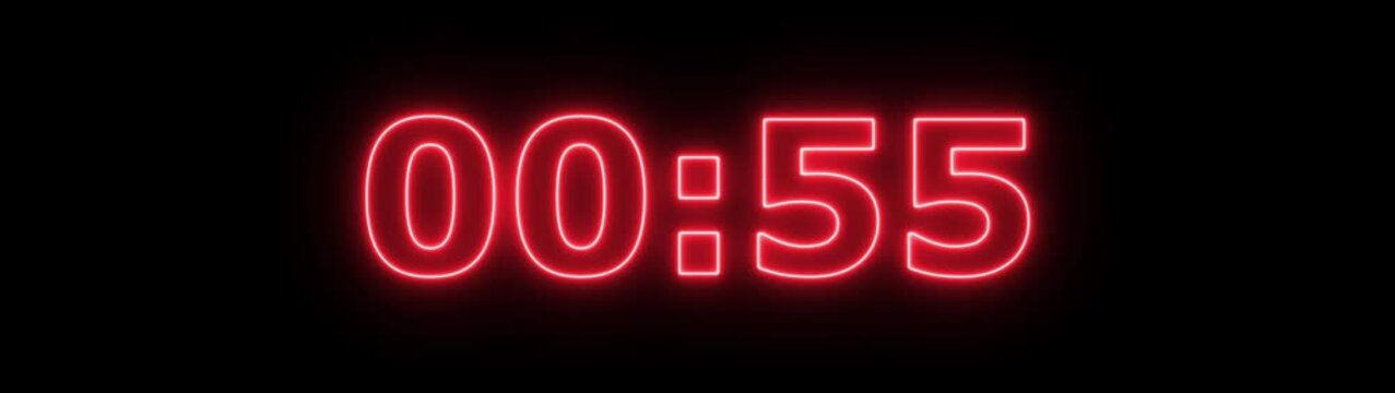 Glowing neon colorful 1 minute countdown animation from 60 seconds to 0 seconds. 1 minute countdown timer on a black background. 4k video 