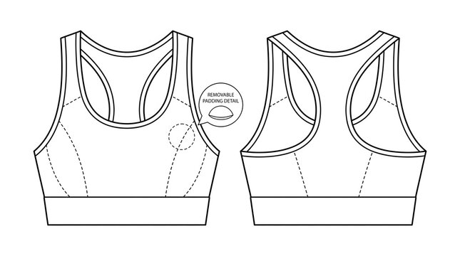 Sports Bra Flat Lay Vector CAD Template Racerback Wide Underbust Band Removable Pad Sportswear Tech Pack