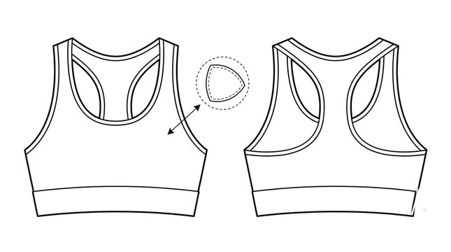 Racerback Sports Bra Apparel Tech Pack Vector Flat Lay Front Back Mesh Panel Removable Pad Sportswear CAD