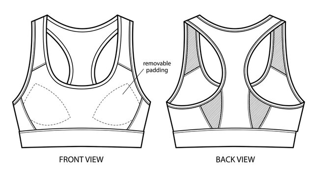 Technical Flat Sports Bra Vector Template Racerback Silhouette Wide Band Removable Padding Activewear CAD