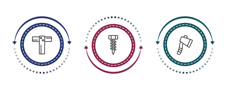 outline construction icons set - boning rod, garage screw, inclined ax. editable vector for web and mobile ui