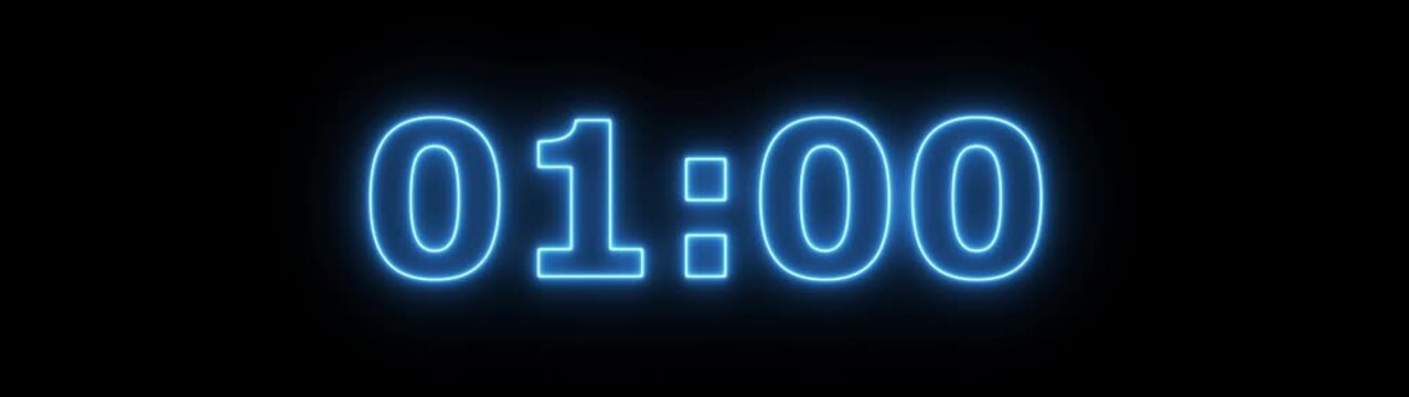 Neon 1 minute 65 second countdown animation from 65 seconds to 0 seconds on a transparent background, Neon One minute 65 second countdown timer with alpha channel 