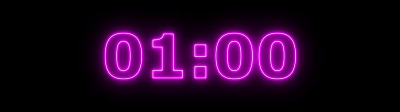 Neon 1 minute 65 second countdown animation from 65 seconds to 0 seconds on a transparent background, Neon One minute 65 second countdown timer with alpha channel 
