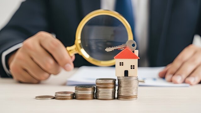 Hand holding magnifying glass over miniature house and coin stacks on desk