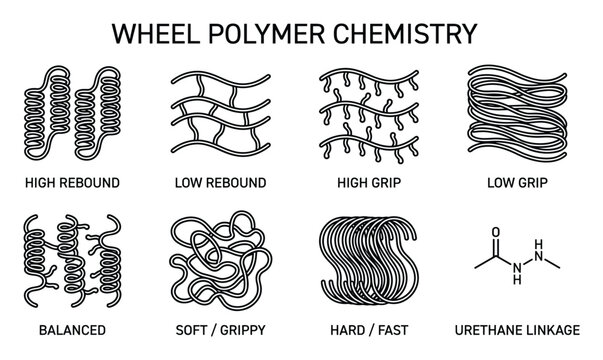 Wheel polymer chemistry icons showing rebound grip and hardness for polyurethane materials.